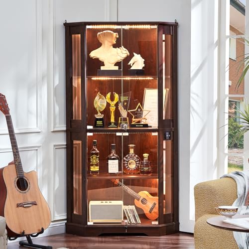 LELELINKY Farmhouse Corner Display Cabinet with Glass Doors Corner Curio Cabinet with 3-Color LED Motion-Sensor Light Reinforced Base Walnut