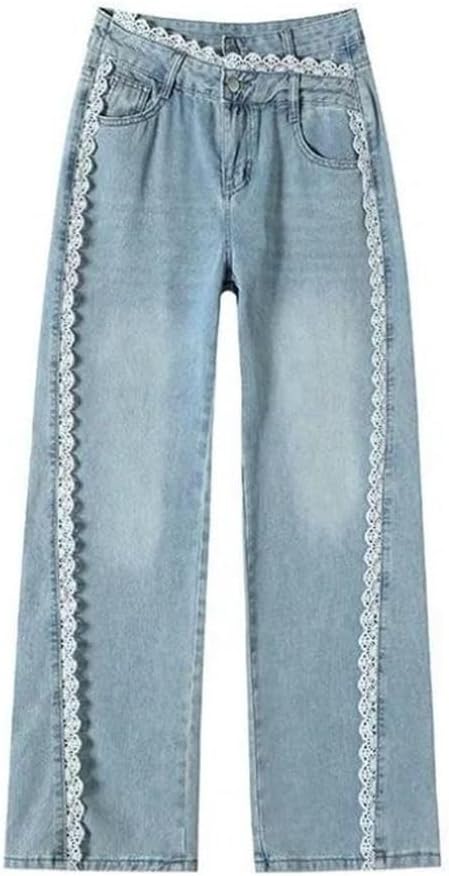Women Wide Leg Lace Spliced Jeans Casual Denim Pants Slimming Straight Leg Design