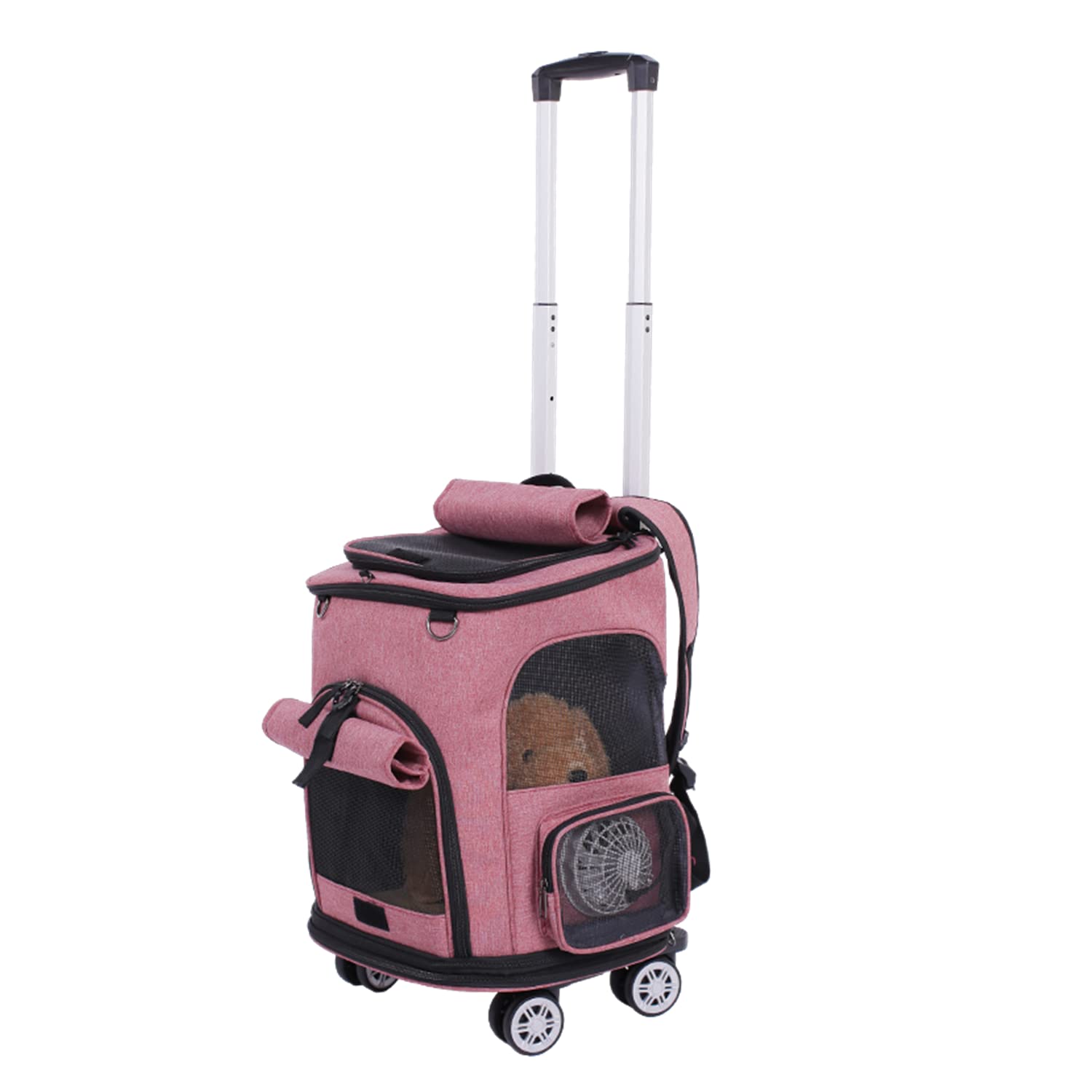 Cat Carrier Mochila con Rueda Cachorro Carro de Red Transpirable Ventilador Jaulas de Mascotas Plegables en Carro rodante con Base extraíble y Mango telescópico para Mascotas pequeñas Menores de 8 kg