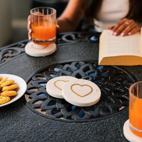 Image of Ireka Home Cupid's Touch Marble Coaster Set of 4 - Premium Golden Heart Engraved Design | Table & Drink Coasters Tea Cups, Coffee Mugs and Glasses