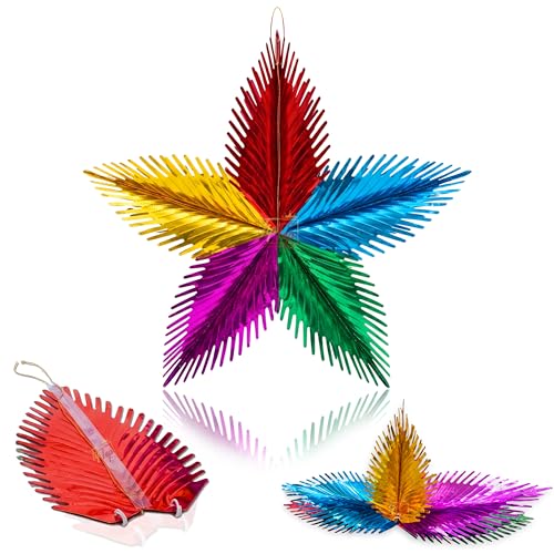 Image of Premium Folding Paper Hanging Star Chandeliers Garland (Multicolour) (Deluxe Leaves Star, Pack of 12)
