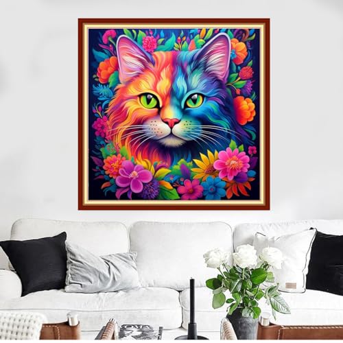 Image of Funxvoot Stamped Cross Stitch Kits Beginners Full Range of Embroidery Kits for Adults 11CT Embroidery Patterns Needlepoint Kits Printed Cross Stitch Kits - (Colorful Cat 18x18 inchs)