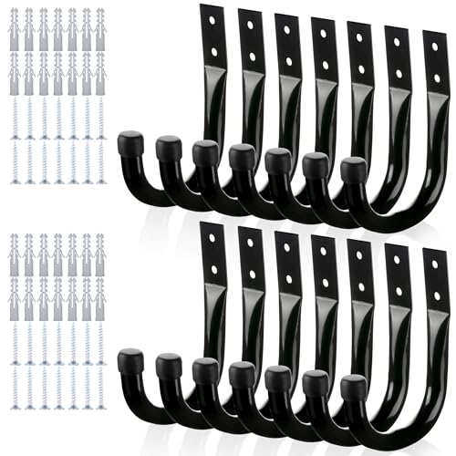 KURUI Large Metal Wall Hooks for Hanging Living Room/Bedroom/Garage, 14Pcs Garage Organization and Storage Heavy Duty Hook for Tool Coat Backpack Bag, 40 LB Black Wall Mount Hanges for Outdoor Indoor