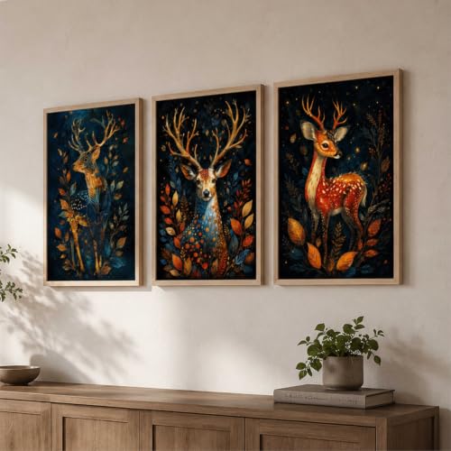 Image of Livin'luxe Set of 3 Deer Forest Wall Paintings for Living Room Bedroom Hallway Home Decor with Premium Wooden Color Synthetic Frame (13.5 x 19.5 Inch) NM03-76