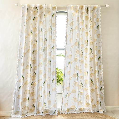 Image of Tranquebar Curtain Co. Window Curtains 6 Feet, 60-65% Room Darkening, Blue Bird Print, Cotton Curtains for Window, Boho Curtains for Living Room with Tassel Lace, BackTabs, Mithu (183cm) - 1 Piece