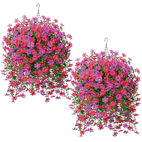 ASTNIC 2 Set Hanging Baskets Outdoor with Artificial Flowers Realistic Fake Plants Silk Flowers DIY Chain Hanging Basket Faux Flowers Daisy Floral for Home Decoration Garden Wedding Patio Front Door
