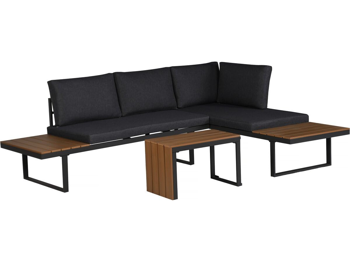 Salon de Jardin canapé d'angle modulable décor Imitation Bois Sylva - 4 Places - Gris