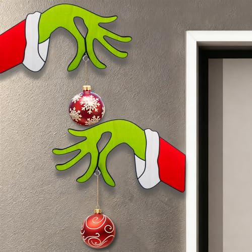 Ainvliya 2 peças de decoração de Natal em forma de mão de Gri-ch para porta, letreiro de madeira, ornamento de Natal para entrada, parede ou exterior (mão esquerda direita)
