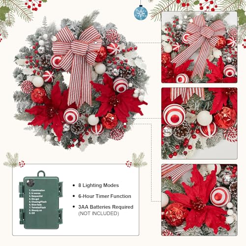 GarveeHome 24" Pre-Lit Christmas Wreath for Front Door, Large Artificial Christmas Wreath, Battery Operated Lighted Xmas Wreath for Door Window Indoor Outside Xmas Home Decor, Red and White