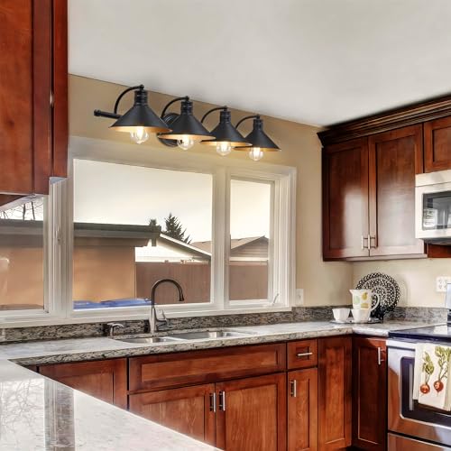 Image of 4 Light Bathroom Vanity Light Over Mirror - Black and Gold Farmhouse Wall Light for Bathroom Vanity Powder Room, Rustic Goose Neck Barn Style 4 Bulb Wall Sconce Over Kitchen Sink