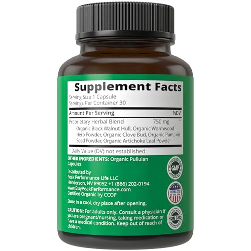 Image of USDA Organic Wormwood Black Walnut Clove Cleanse for Humans. Elimination Detox + Intestinal Support Capsules Supplement for Adults and Kids. Pills with Artichoke and Pumpkin Seed for Added Benefits