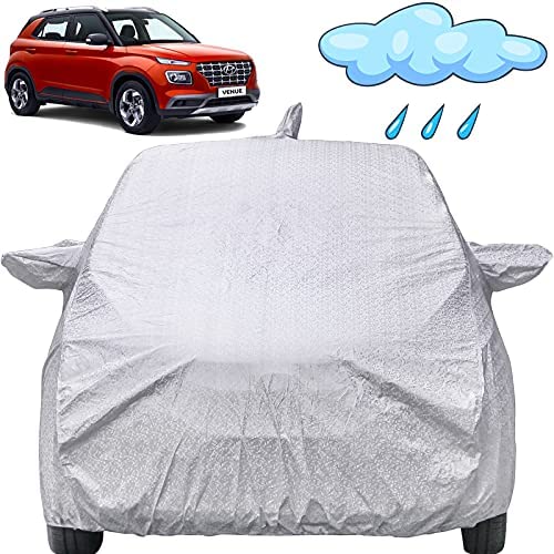 Image of Autofact Waterproof Car Body Cover Compatible with Hyundai Venue (2019 to 2021) with Mirror and Antenna Pockets (Shinning Silver).