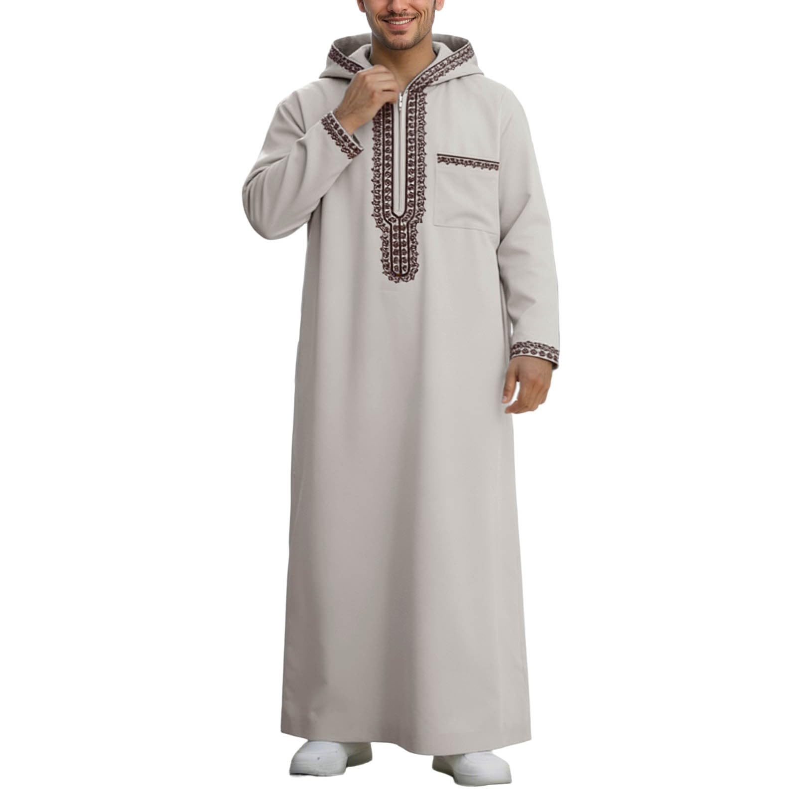 Elegante Sudadera Musulmana de Manga Larga Ajustada con Capucha y túnica Bordada con Cremallera para