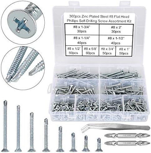 FandWay 360 Pcs M4.2(#8) Zinc Plated Steel Countersunk Head Phillips Self Drilling Screws, Sheet Metal Tek Screws Assortment Kit -Size:4.2mm x 13~50mm