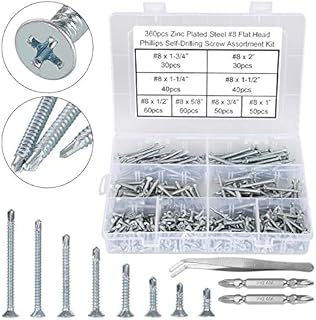 FandWay 360 Pcs M4.2(#8) Zinc Plated Steel Countersunk Head Phillips Self Drilling Screws, Sheet Metal Tek Screws Assortment Kit -Size:4.2mm x 13~50mm