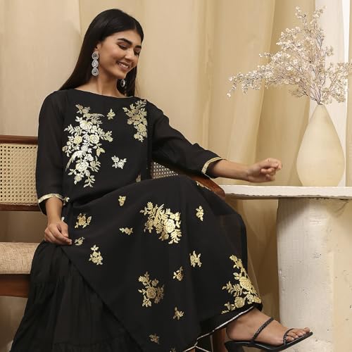 Image of Biba Women's Poly Chanderi 3 /4 Sleeves Calf Length Round Neck A-Line Casual Dress