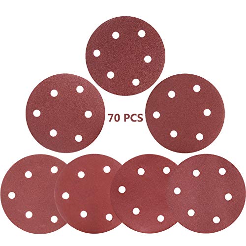 5 Inch 6 Holes Sanding Discs - 70PCS 40 60 80 120 180 240 320 Grit Assorted Sandpaper by Autolock, Air Random Orbital Sander Sandpaper, Hook and Loop Sand Paper