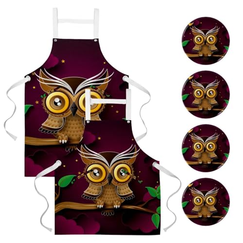 Lot de 2 tabliers de cuisine chouette et lune avec poches pour restaurant