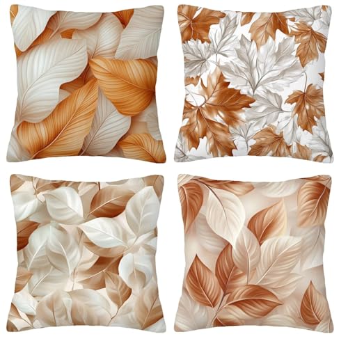 Giyuco Hojas Fundas de Cojines Decorativas Cuadradas de Lino, 75x75cm con Cremallera Oculta para Sofá, Oficina, Silla, Dormitorio, Jardín, Terraza, Exterior Decoración del Hogar, Juego de 4. H-119