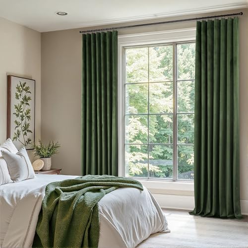 Image of Olive Green Velvet Curtains 96 Inch Long 2 Panel for Bedroom Light Blocking Thermal Soundproof Privacy Drape Dark Academia Emerald Green Curtain for Living Room Vintage Retro Mid Century Modern Decor