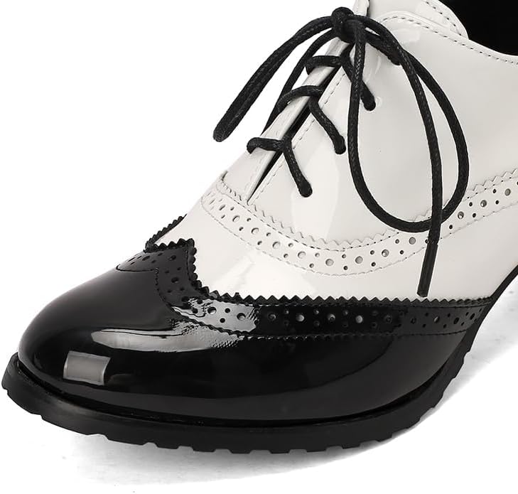 Womens Vintage Oxfords Shoes 1950s Chunky High Heels Lace Up Wingtip Two Tone Perforated Saddle Pumps Shoes - Image 7