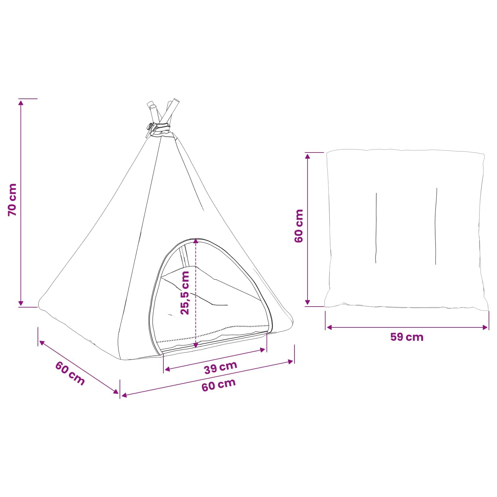 Tipi pour animal de compagnie avec coussin blanc et gris 60 x 60 x 70 cm en polyester Lit pour chat câlin avec coussin doux pour chiens et chats Confortable, facile d'entretien et