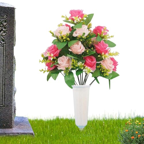 Flores artificiales para cementerio con jarrón exterior para jardín y sepultura de porche 2