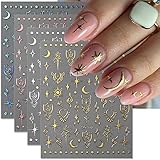 【Metallische Farbe Nail Sticker】Unsere Nailart-Abziehbilder sind in Gold, Silber, Roségold und Laser-Silber vier Farben erhältlich, mit metallischem Farbdesign, mit dem Sternenhimmel Stern und Mond-Muster-Design, voll von futuristischen, bringen coole sensorische Wirkung für Fingernägel.