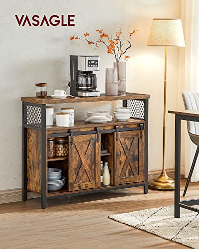 VASAGLE Sideboard, Kitchen Cabinet, Storage Cupboard, with 2 Sliding Barn Doors, 33 x 100 x 80 cm, Adjustable Shelves, for Living Room, Rustic Brown and Ink Black LSC092B01 - Image 3