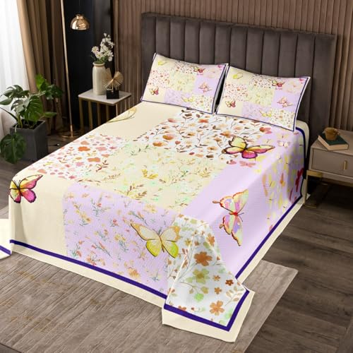 Erosebridal Butterfly Quilt Set Yellow Butterflies Bedspread Set for Girls Kids Dreamy Grid Patchwork Queen Bed Set,Fantasy Chic Butterfly Flower Leaves Bedding Set for Girls Child Bedroom Decoration