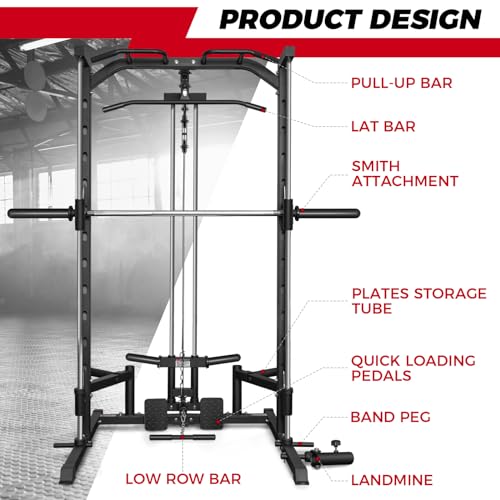 RitFit Smith Machine Power Rack with LAT-Pull Down System, Landmine, Barbell Bar, Plate Storage Pegs and More Training Attachment, 1000 LBS Multifunction Squat Rack for Home Gym, Upgraded2.0 - Thumbnail 6