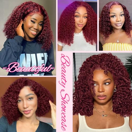 Image of 12 Inch Burgundy Bob Wig Human Hair 13x4 HD Deep Wave Lace Front Wigs Human Hair 99j Red Short Curly Bob Wig Water Wave Human Hair Wig 180% Density Glueless Wet Wavy Colored Wig for Women Pre Plucked