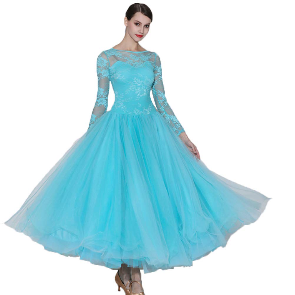 Lace Ballroom Dance Dresses for Women Modern Waltz Dance Costumes Long Sleeve Tango Competition Dancing Clothes Dresses Flamenco Dress,Blue,S