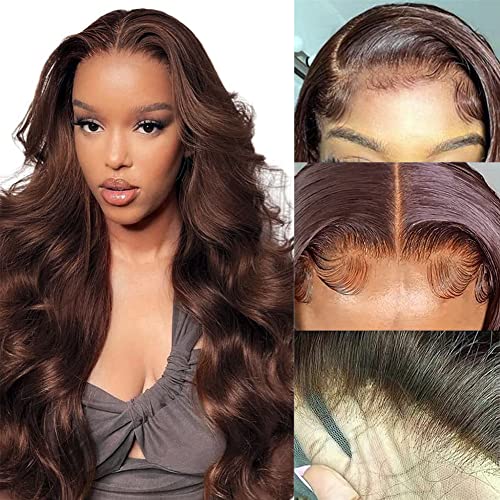 4# Brown Color Body Wave 13x4 Lace Front Wigs Human Hair Pre Plucked HD Transparent Lace Front Glueless Wigs 180% Density Brazilian Human Hair with Baby Hair Natural Hairline Wigs for Women(20 Inch)