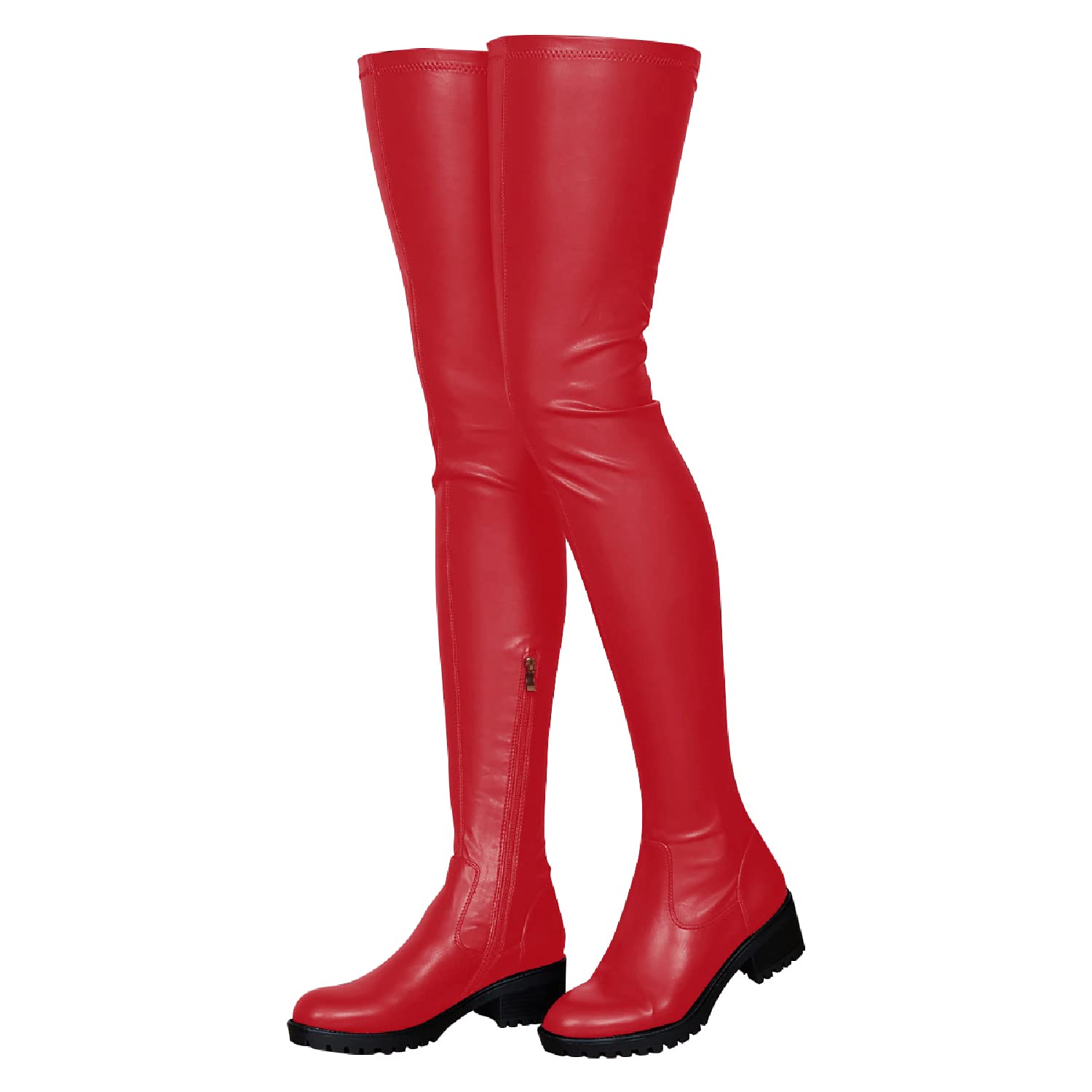 Knee High Boots Women Thigh High Over Knee Stretch Fashion Low Chunky Heel Round Toe Zipper Winter Boots Black Red US4.5-14, red, 45