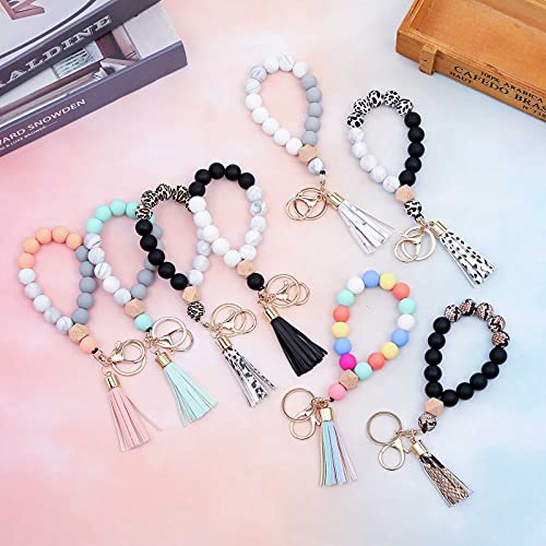 Image of BAOSIWA Silicone Key Ring Bracelet Wristlet Keychain Unique Beaded Bangle Key Chains for Women with Leather Tassel