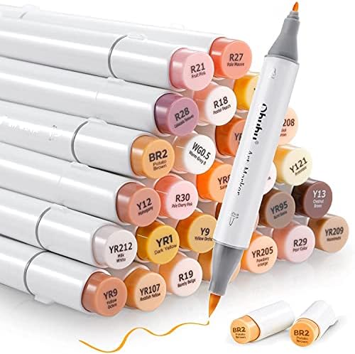 Ohuhu 36 Skin-Tone Colors Alcohol Markers, Brush & Fine, Sketch Art Marker, Alcohol-based Brush Markers for and Adults' Coloring, Illustration, Comes w/ 1 Colorless Alcohol Marker Blender