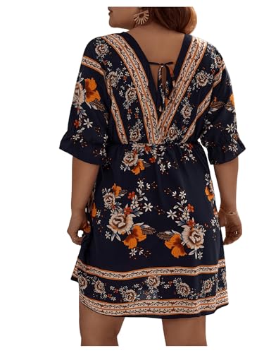 OYOANGLE Women's Plus Size Boho Floral Print High Waist V Neck Flared A Line Short Dress3