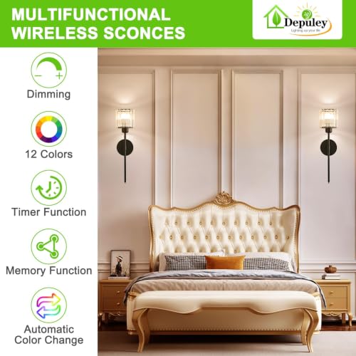Image of Depuley Wall Sconces Battery Operated: Set of 2 Wireless Crystal Wall Lights with Remote - Rechargeable 15 Colors Black Wall Lamp for Living Room Home Decor