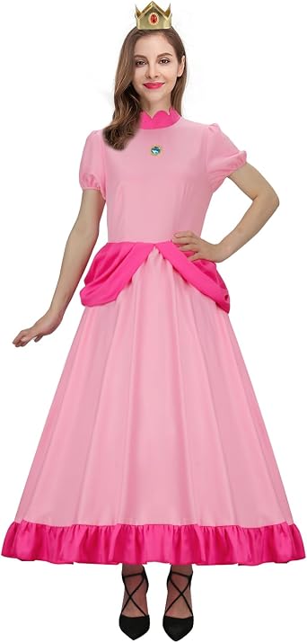 Women Princess Peach Daisy Costume Dress Outfit With Crown Adult Super Brothers Gown Ball Halloween Cosplay Dress