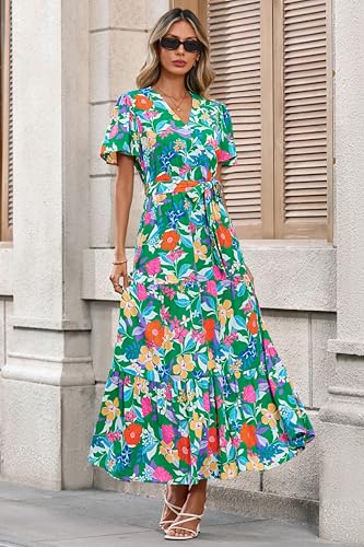 Image of MASCOMODA Women Boho Swiss Dot Maxi Dresses Wrap V Neck Flutter Short Sleeve Solid Tie Waist A Line Tiered Flowy Long Dresses
