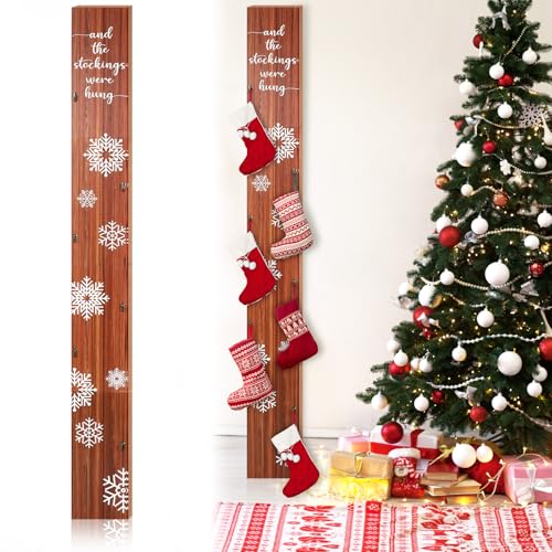 Cinnvoice 70 Inch Freestanding Christmas Stocking Holder with 6 Hooks Vertical Collapsible Holder Stand The Stocking were Hung Wood Sign for No Fireplace Small Homes Xmas Decoration