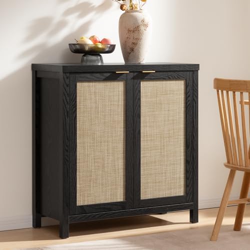 SICOTAS Rattan Sideboard Buffet Storage Cabinet (Black)