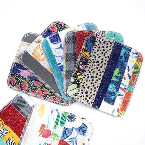 Scrap Felt Dish Cloth Reusable Upcycled Cotton Scrubber Eco Friendly Swedish Dishcloth Alternative Machine Washable Heavy Duty Kitchen Sponge Replacement Made in USA (Surprise Prints)