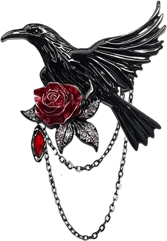 Vintage Black Crow Rose Tassel Chain Pin Brooch for Men & Women - Punk, Gothic Suit Tie Lapel Pin Clip - Perfect Boyfriend Gifts