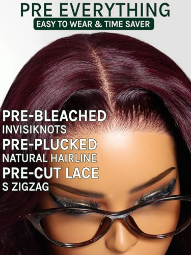 Image of KLAIYI Black Cherry Loose Body Wave Bye Bye Knots Glueless Wig 7x5Precut Lace Front Wigs Human Hair Drawstring Pre Plucked Bleached 30S Ready to Wear and Go Wig with Face Framing Bangs Burgundy 14Inch