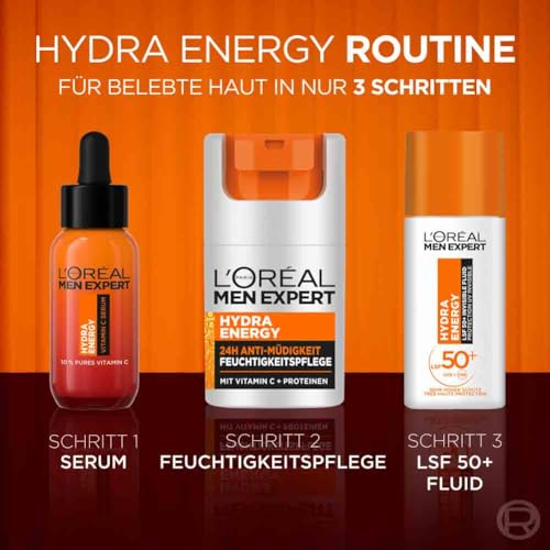 L'Oréal Men Expert UV Sonnenschutz LSF 50 für Männer, Invisible Fluid für das Gesicht gegen Sonnenstrahlen, Herren Sonnencreme SPF 50+ gegen Hautalterung mit Vitamin C, Hydra Energy, 1 x 50 ml 6