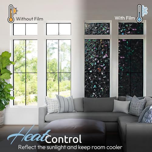 Image of rabbitgoo Rainbow Window Privacy Film, Stained Cling, Black, 17.5 inch x 157.4 inch | Decorative Static Sticker, Non-Adhesive Reusable Window Tint, Heat Control UV Blocking Coverings for Home Doors, Living Room