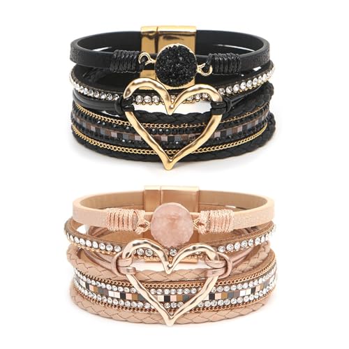 2Pcs Boho Bracelets Woven Leather Multi-Layer Wrap Bracelet Heart Shape Inlaid Rhinestone Stackable Fashion Women Bracelet Jewelry