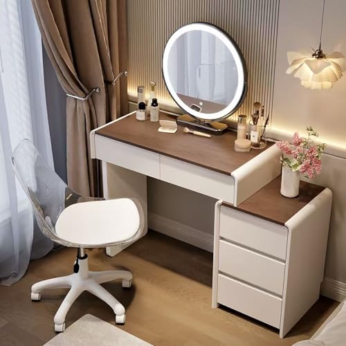 Generisch Schminktisch mit Beleuchtung Modern, Lederbezogener Kosmetiktisch mit Spiegel, Schminktisch mit Hocker, 6 Schubladen für Kinder MäDchen Geschenk, Weiß.